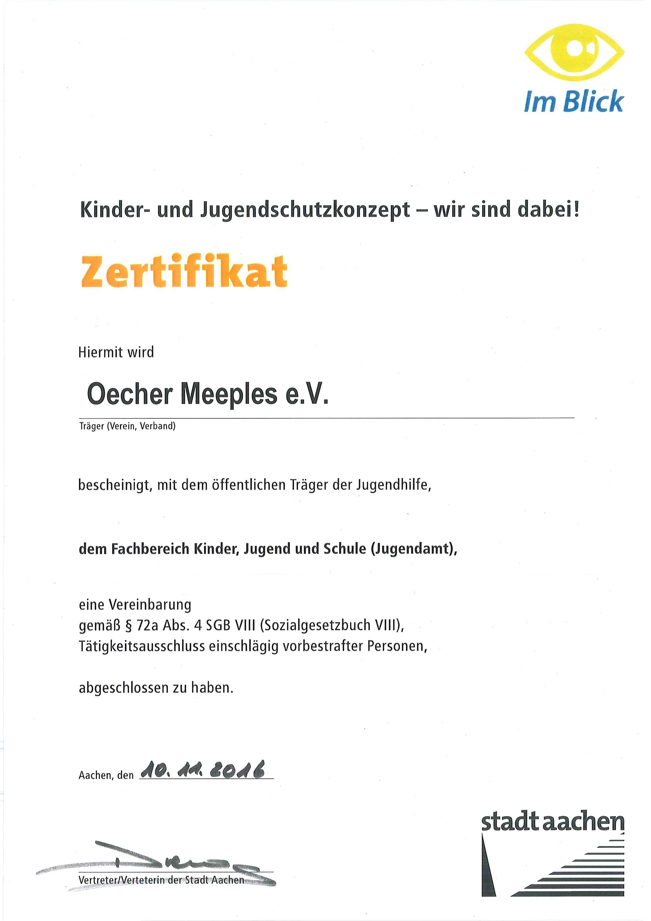 Zertifikat der Stadt Aachen